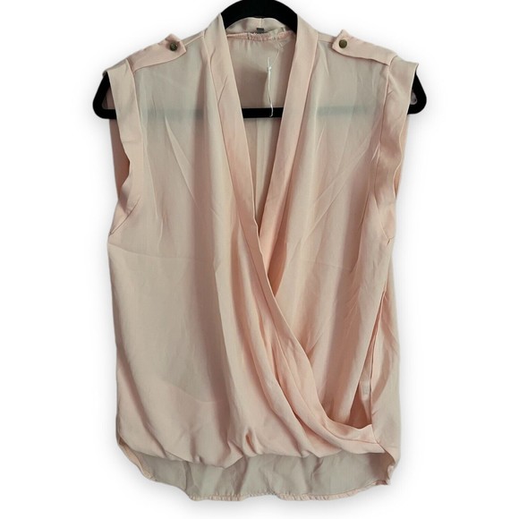 Women's Wrap Top Blouse Pink Chiffon Sheer Draped Open Front Shirt Medium M - Picture 10 of 12
